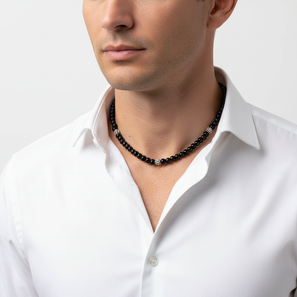 Men's Black Onyx Necklace On A Man.