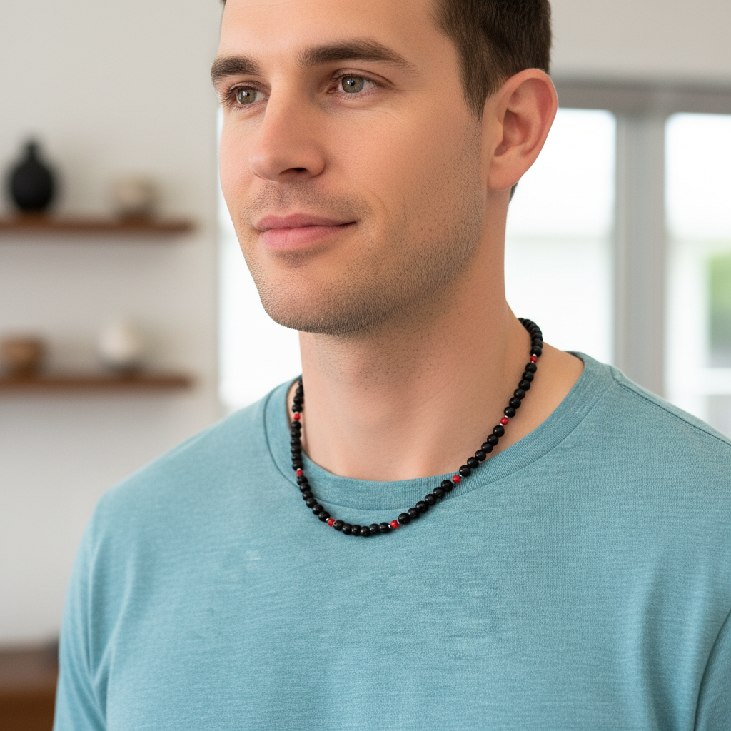Mens Black Onyx & Red Howlite Necklace On A Male Model.