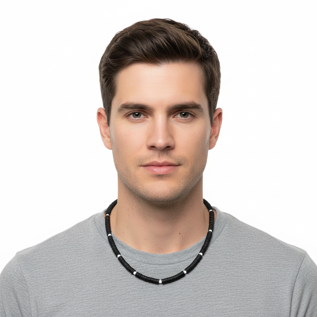 Mens Black Polymer and White Toho Beaded Necklace On A Man.