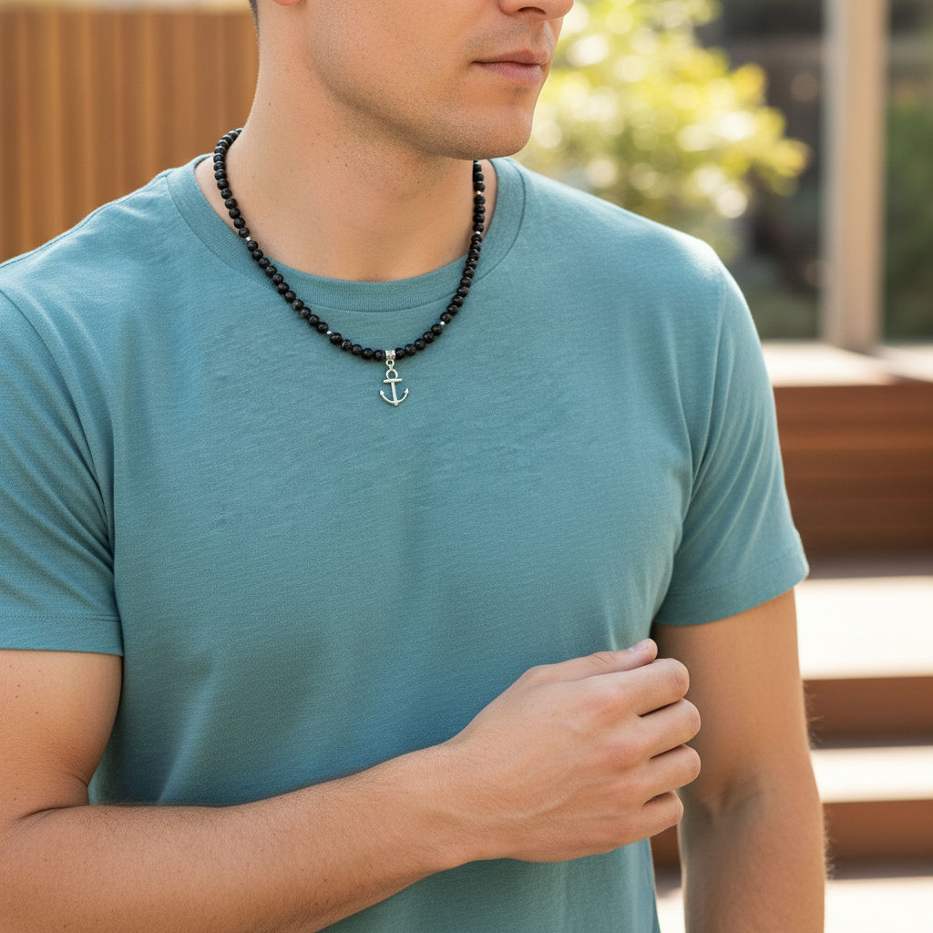 Men's Black Sardonyx Anchor Necklace On A Man.