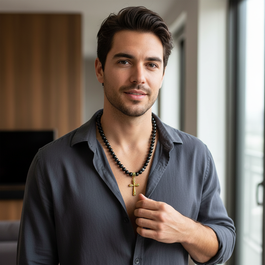 Men's Black Sardonyx and Gold Cross Necklace On A Man.