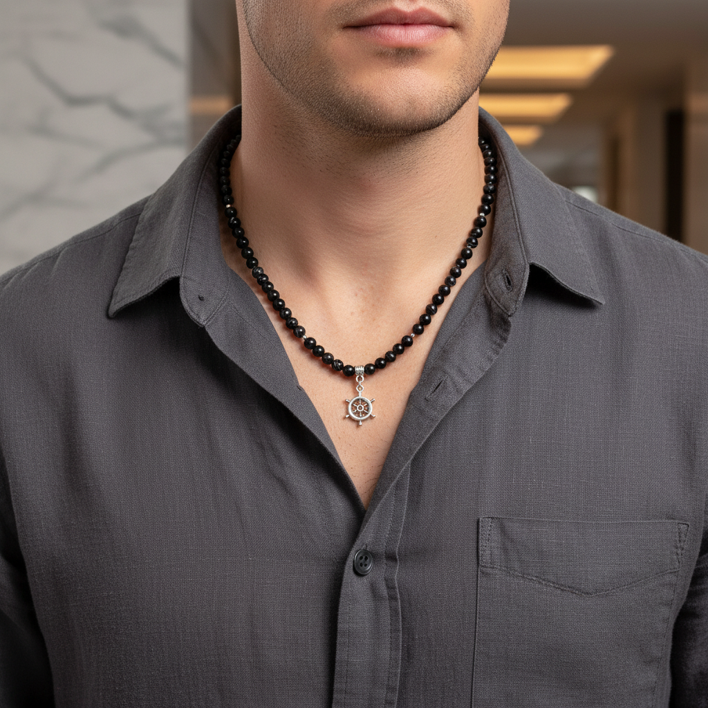 Men's Black Sardonyx Beaded Necklace And Silver Nautical Steering Wheel On a Man.