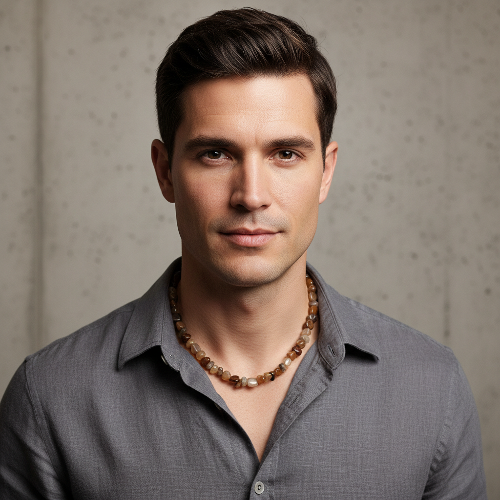 Men's Brazil Petrified Wood Chip Beaded Necklace On A Man.