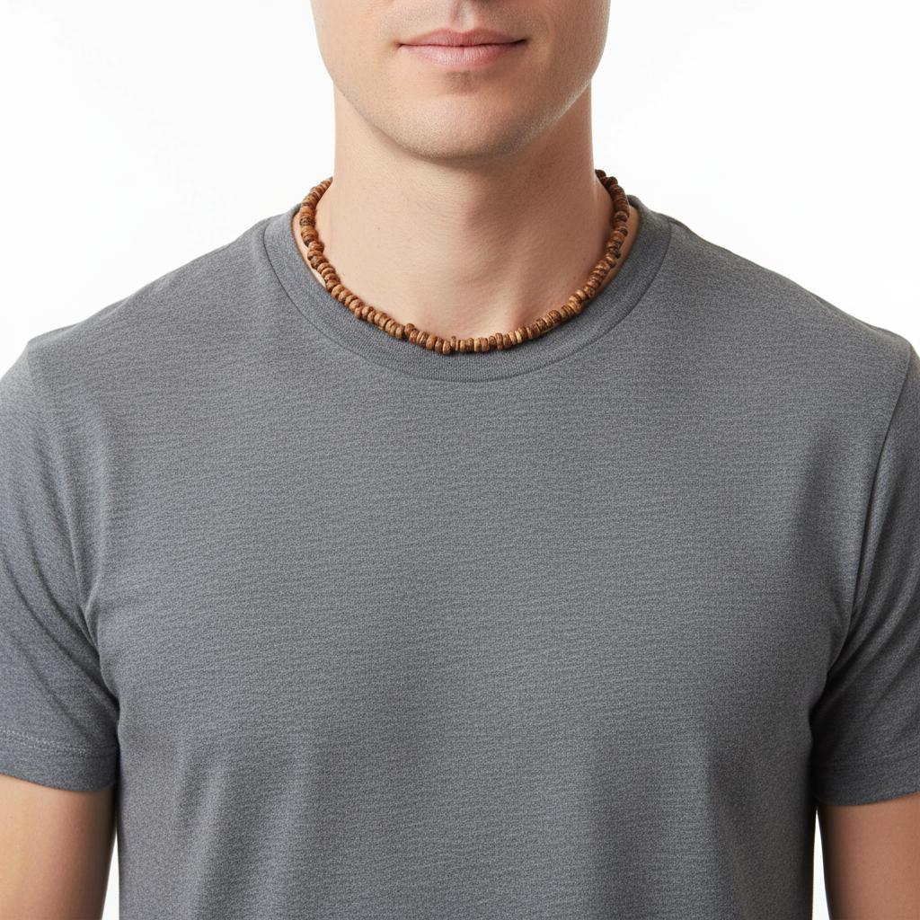 Mens Brown Coconut Shell Heishi Beaded Necklace on a Man.