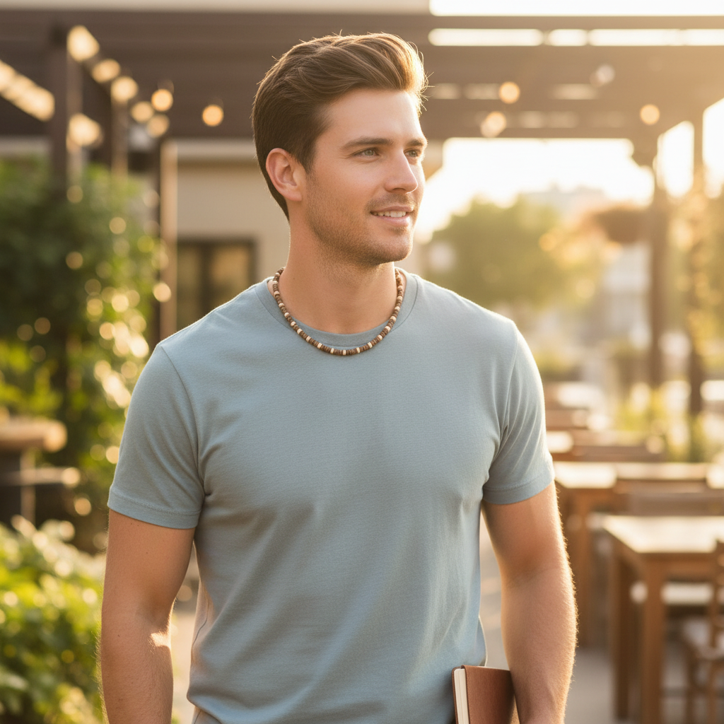 Mens Brown & Cream Coconut Necklace On A Man.