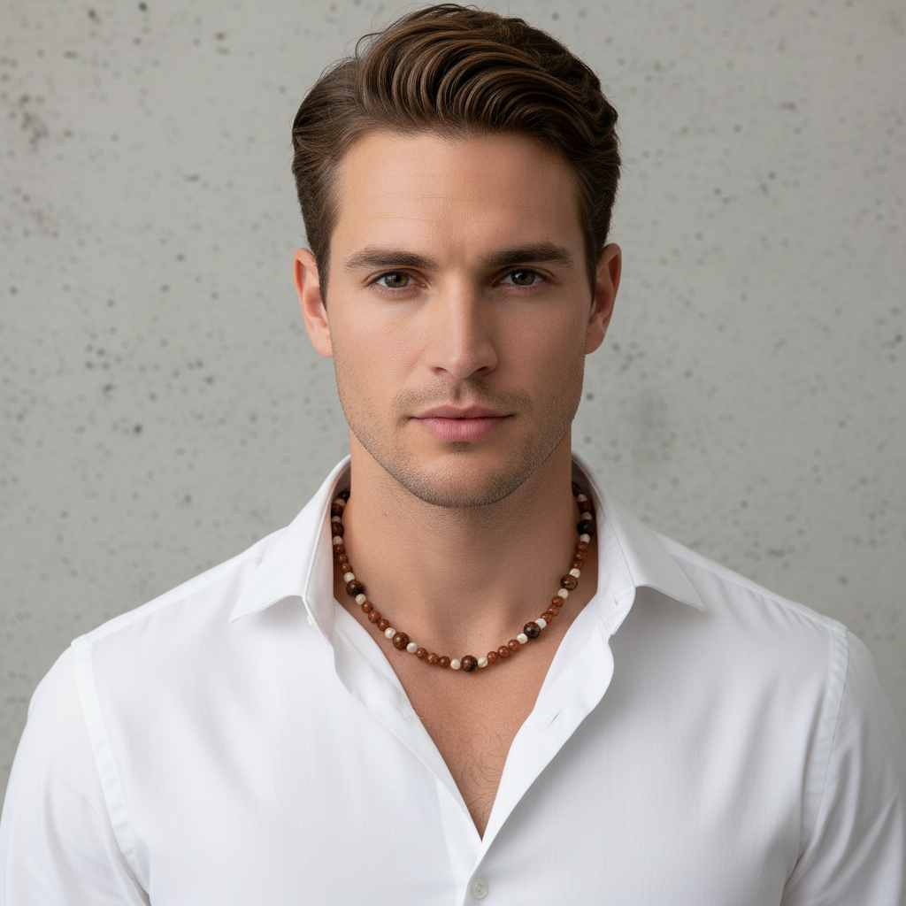 Men's Brown Goldstone and Mother Of Pearl Beaded Necklace On A Man.