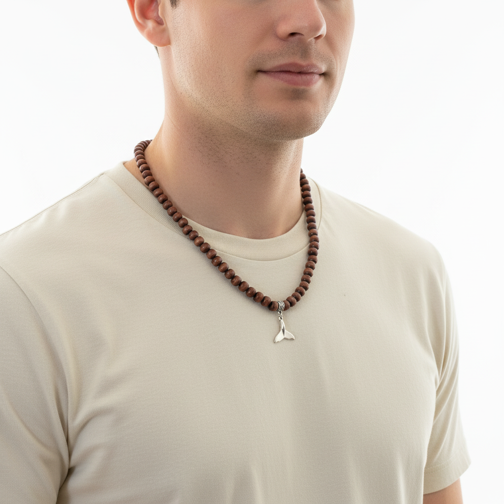 Mens Brown Wood and Silver Whale Tail Beaded Necklace On A Man.