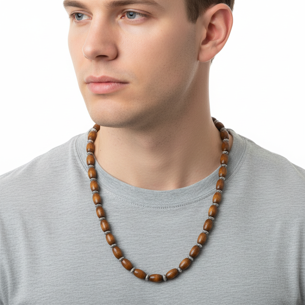 Mens Brown Wood Barrel and Silver Beaded Necklace On A Man.