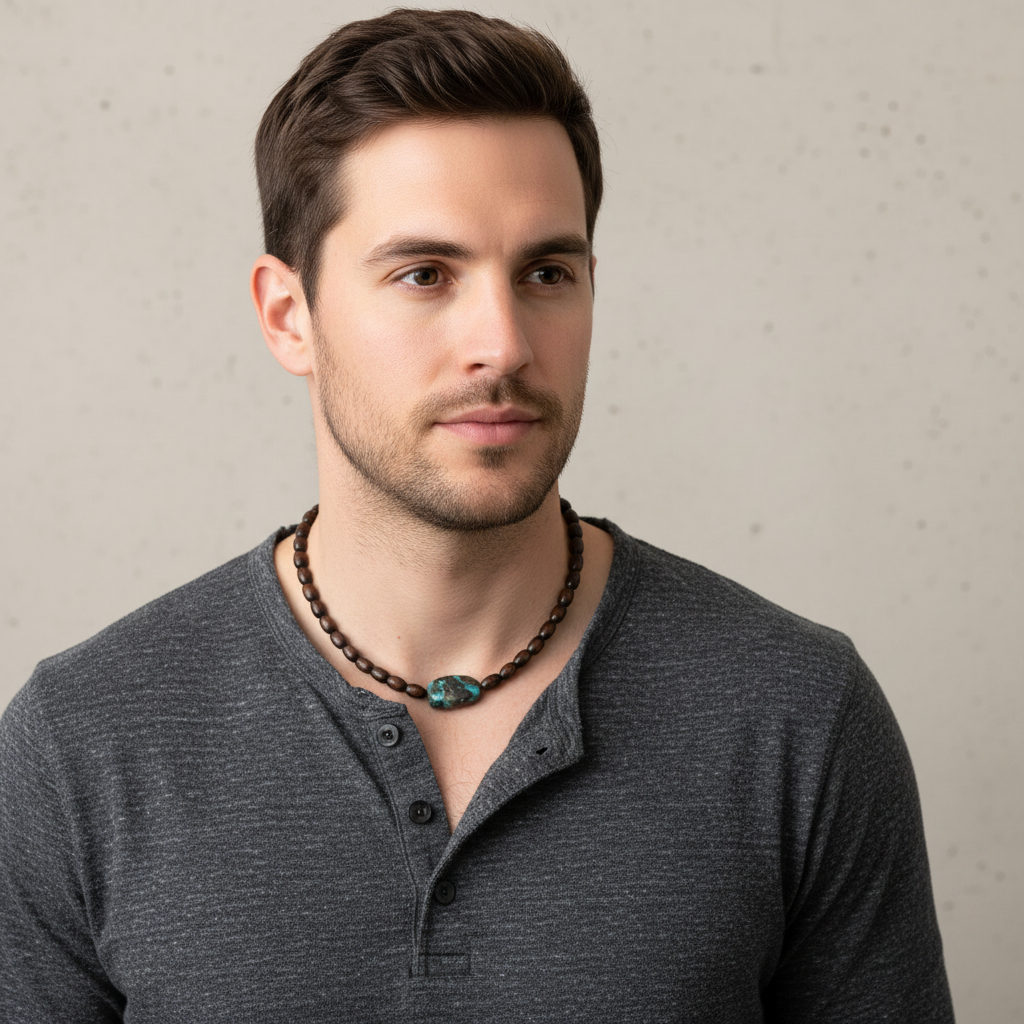 Mens Brown Wood Barrel and Turquoise Stone Beaded Necklace On A Man