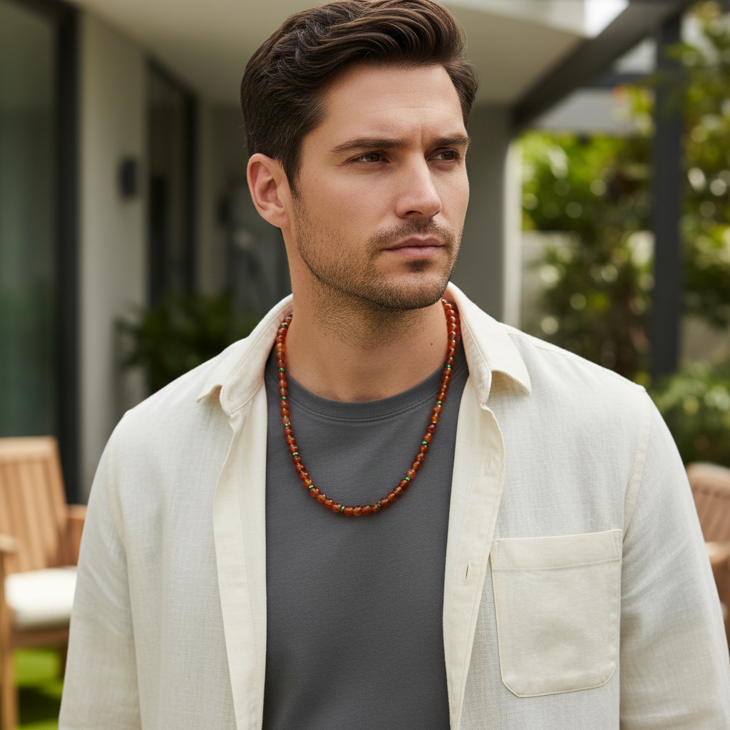 Mens Carnelian and Green Seed Beaded Necklace On a Model.