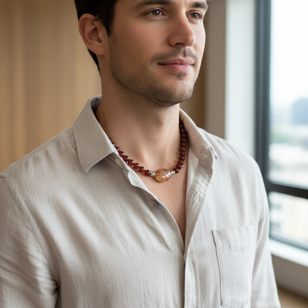 Mens Carnelian and Quartz Beaded Necklace On A Man.