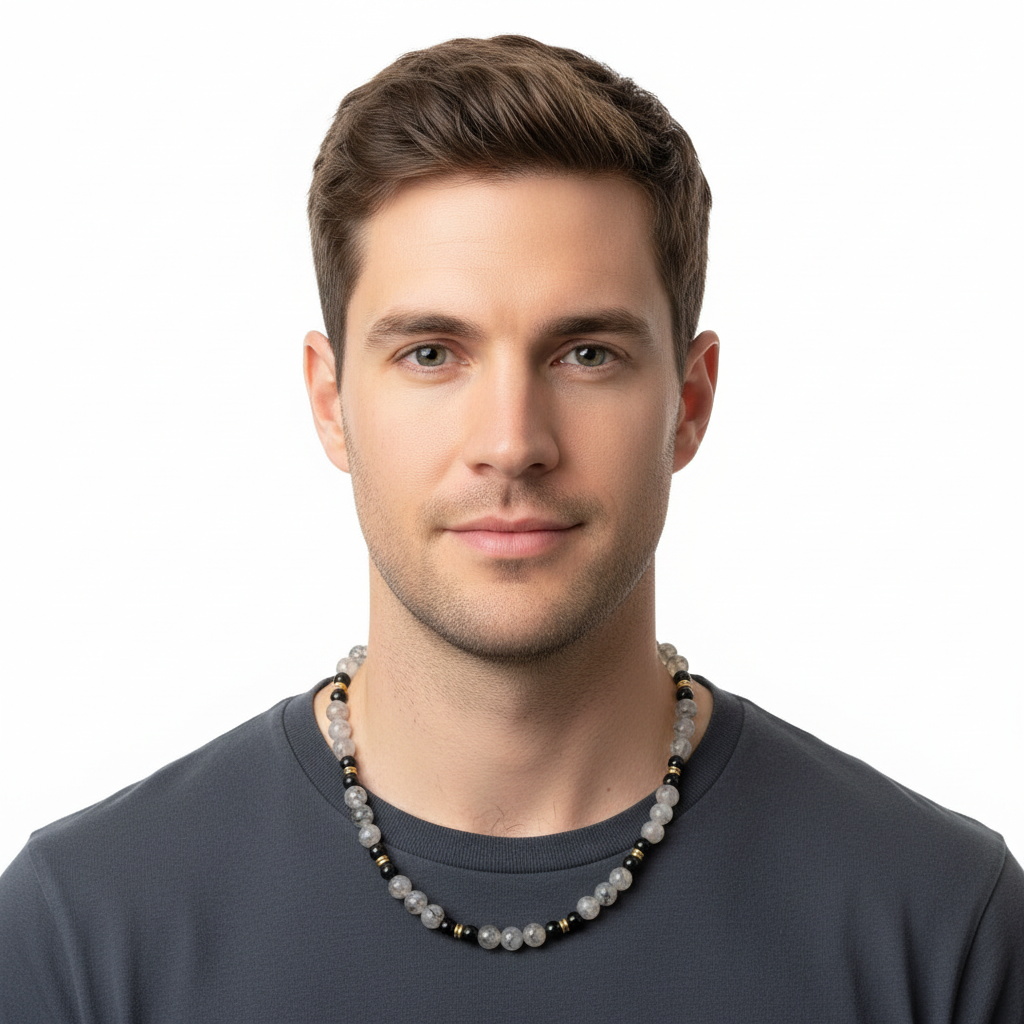 Mens Clear Quartz and Black Onyx Gold Beaded Necklace On a Man.