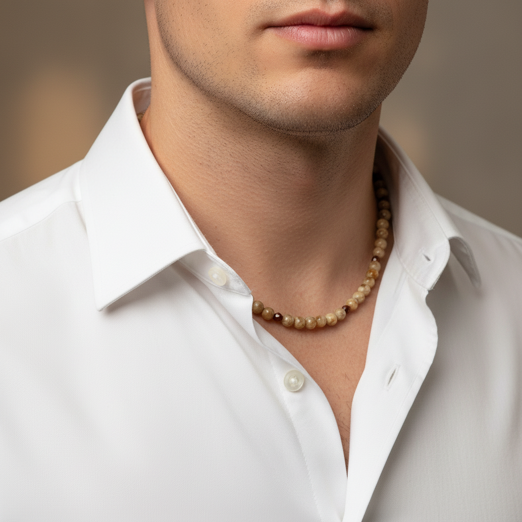 Men's Feldspar Beaded Necklace On A Man.