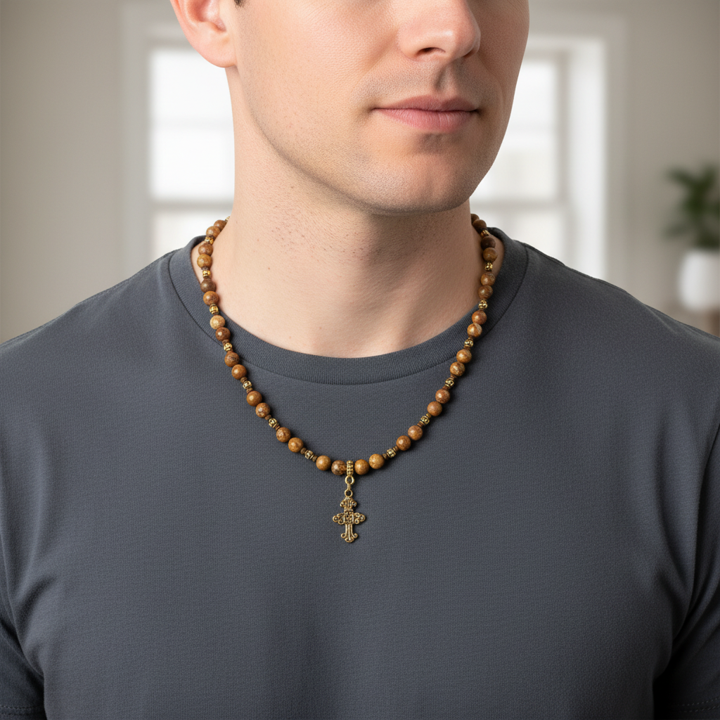 Mens Gold Cross Picture Jasper Beaded Necklace On A Man.