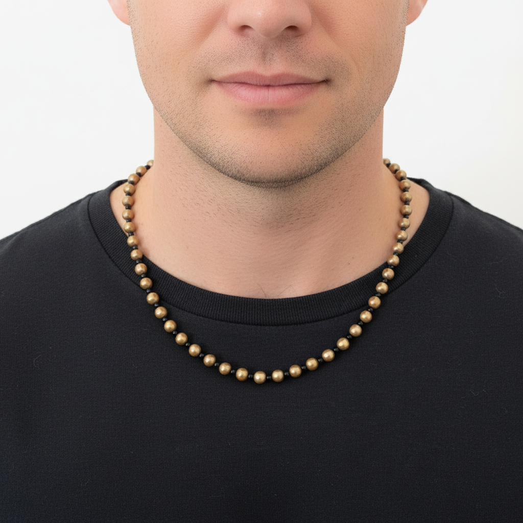Mens Gold Potato Pearl and Black Onyx Necklace On A Man.