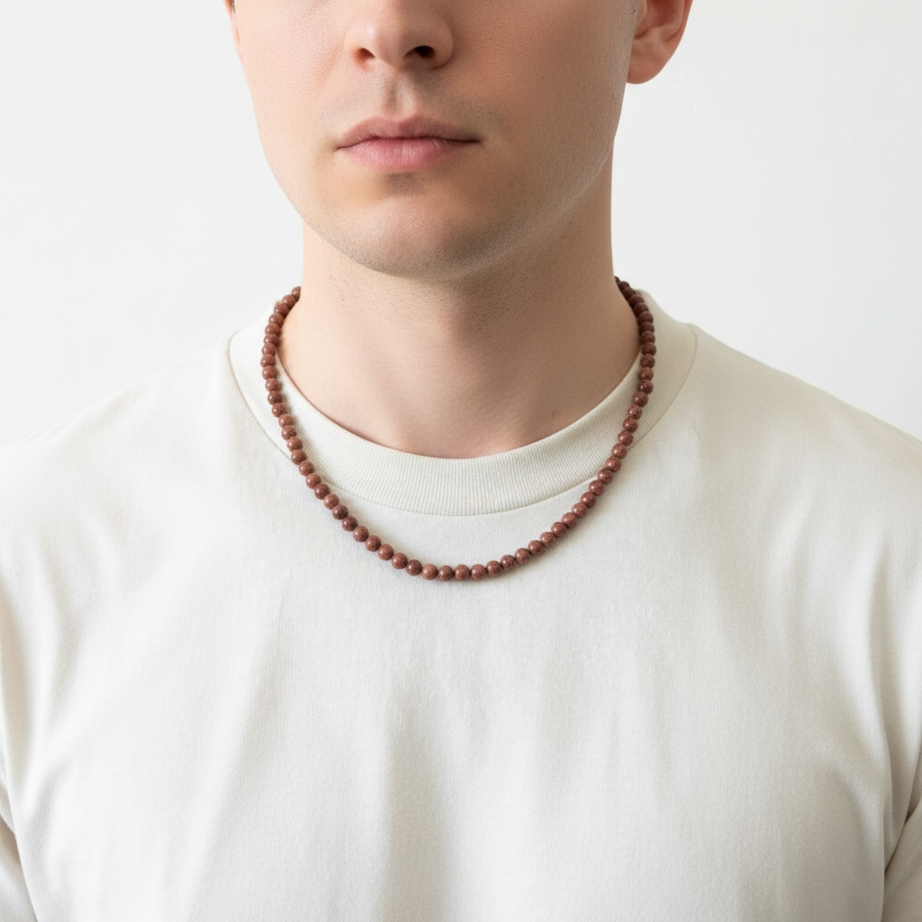 Men's Goldstone Beaded Necklace On A Man.