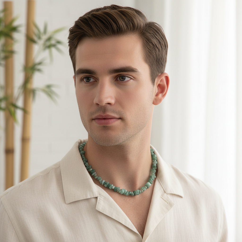 Mens Green Aventurine Chip Beaded Necklace On A Man.