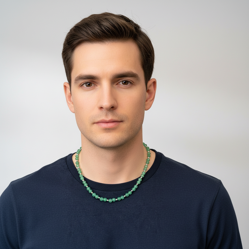 Men's Green Aventurine Necklace on Male Model.
