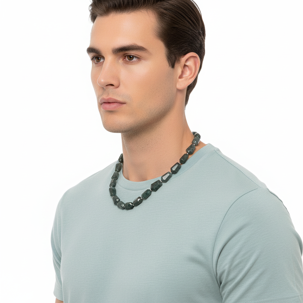 Mens Green Moss Agate Necklace On A Man.