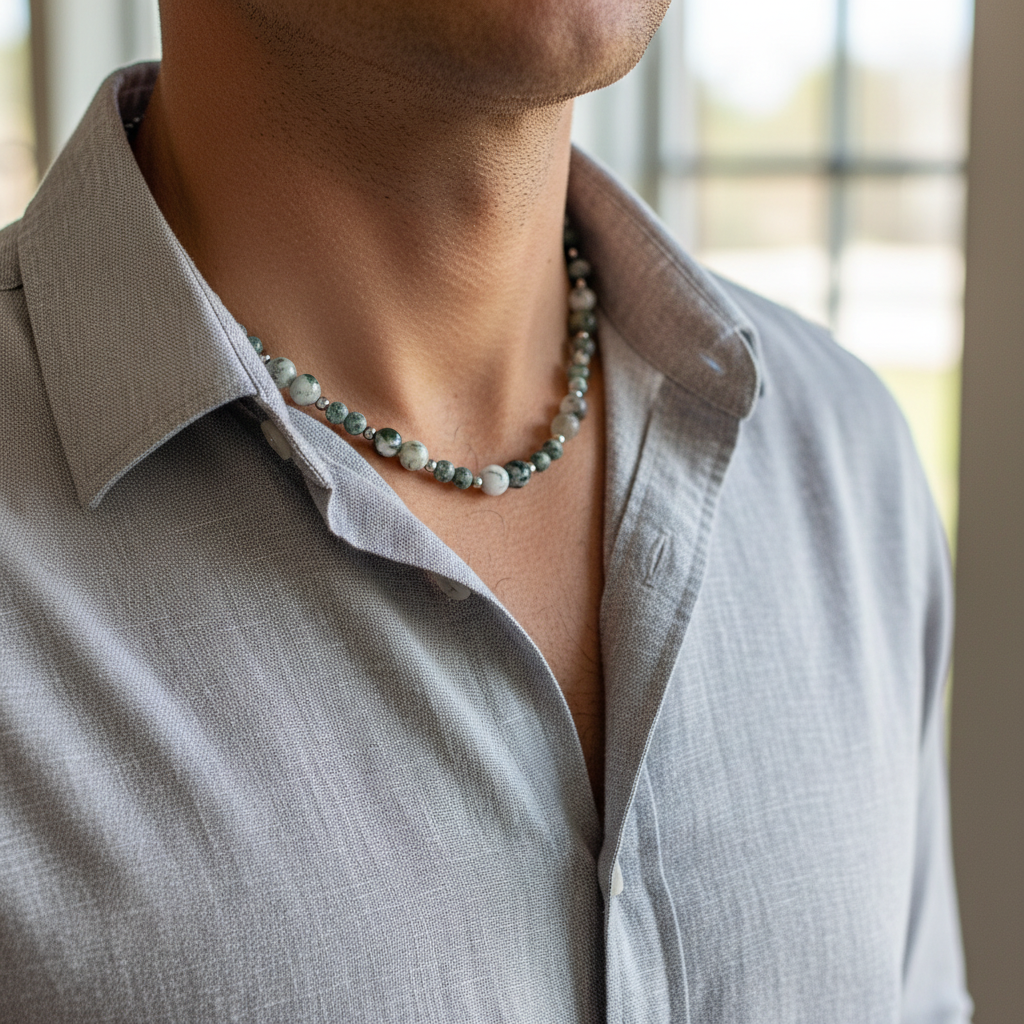 Men's Green Tree Agate Necklace On A Man.