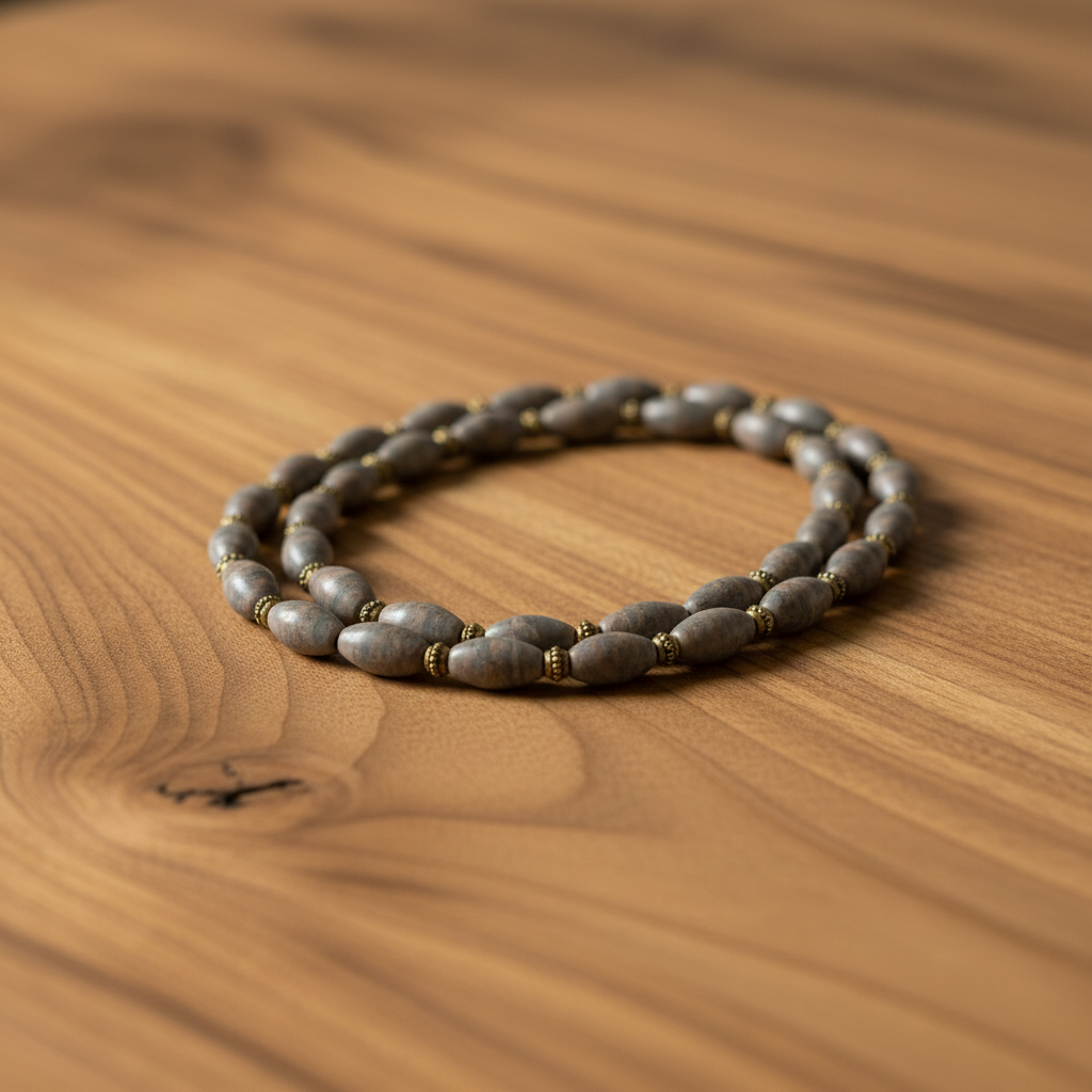Mens Grey and Brown Stone Beaded Necklace on Wood Table
