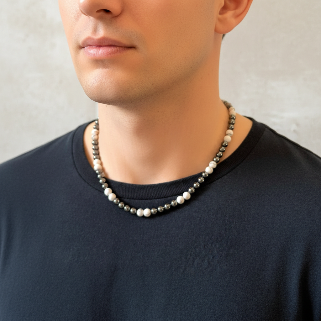 Mens Hematite and Howlite Beaded Necklace On A Necklace.