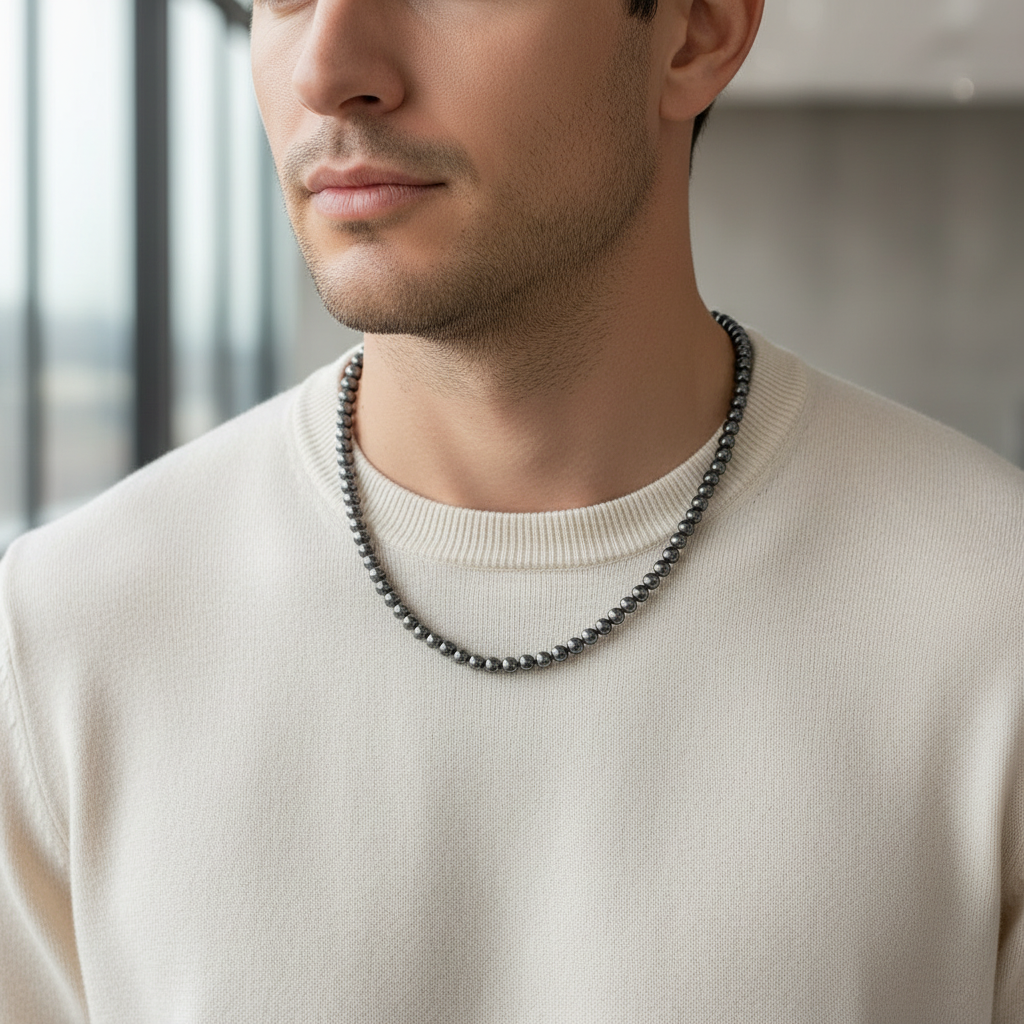 Mens Hematite Necklace On A Man.