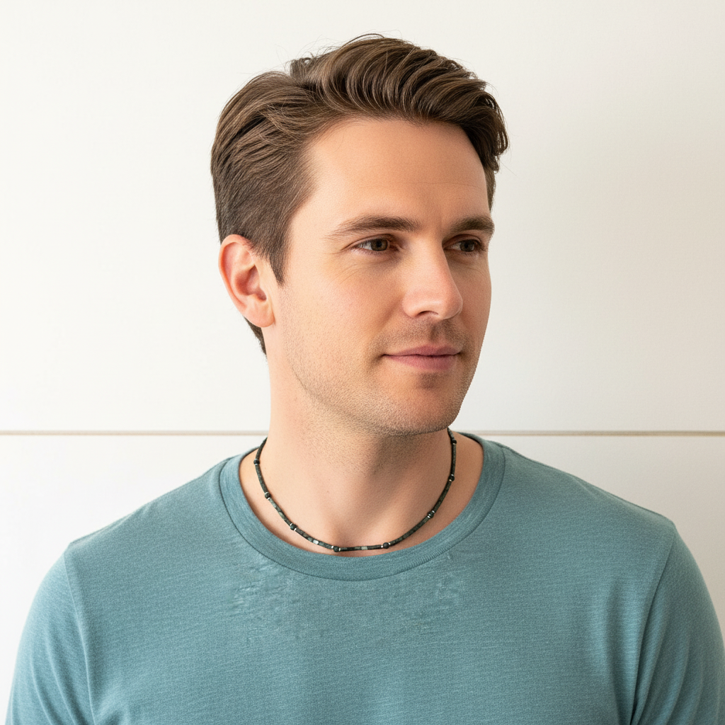 Mens Matte Metallic Water Hematite Tube Beaded Necklace On A Man.