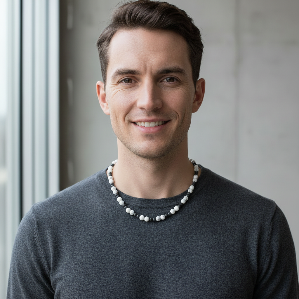 Mens Howlite and Black Lava Necklace on a male model.