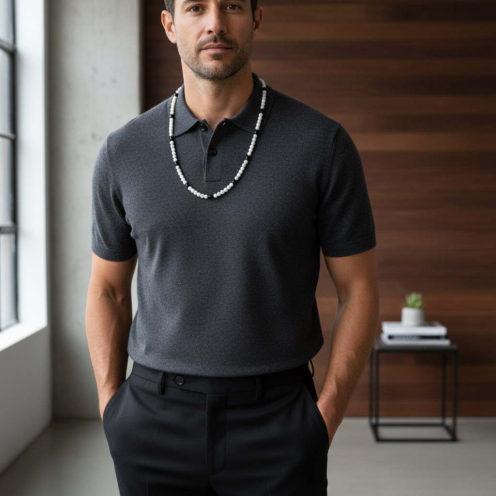Men's Howlite and Black Onyx Barrel Beaded Necklace.