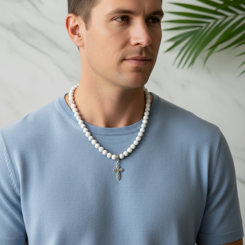 Mens Howlite Beaded Necklace with Silver Cross On A Man.