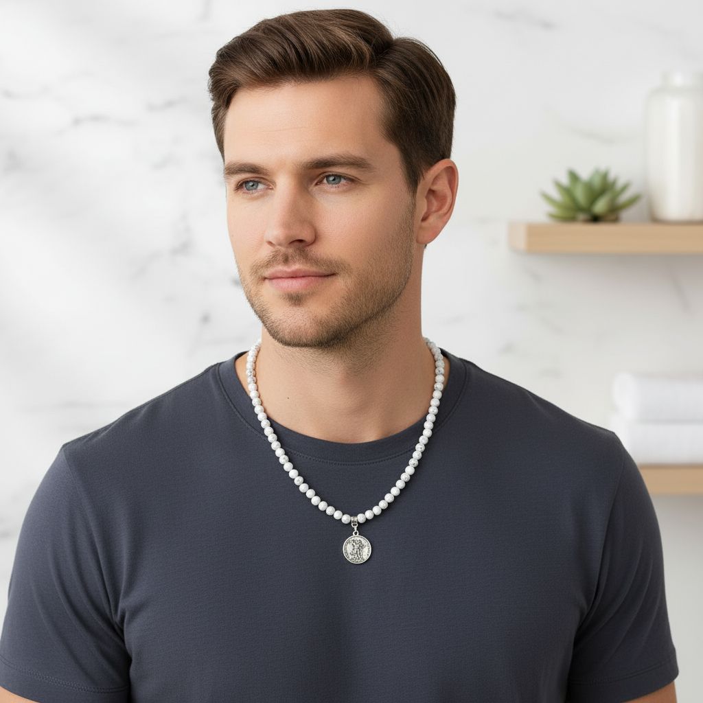 Mens 6mm Howlite Beaded Necklace With Saint Michael Round Pendant