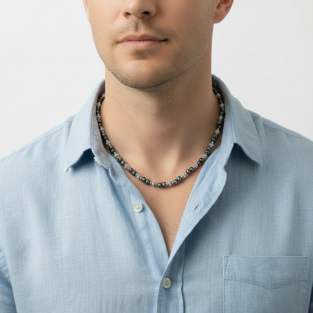 Mens Iris Green Potato Pearl Necklace On A Man.