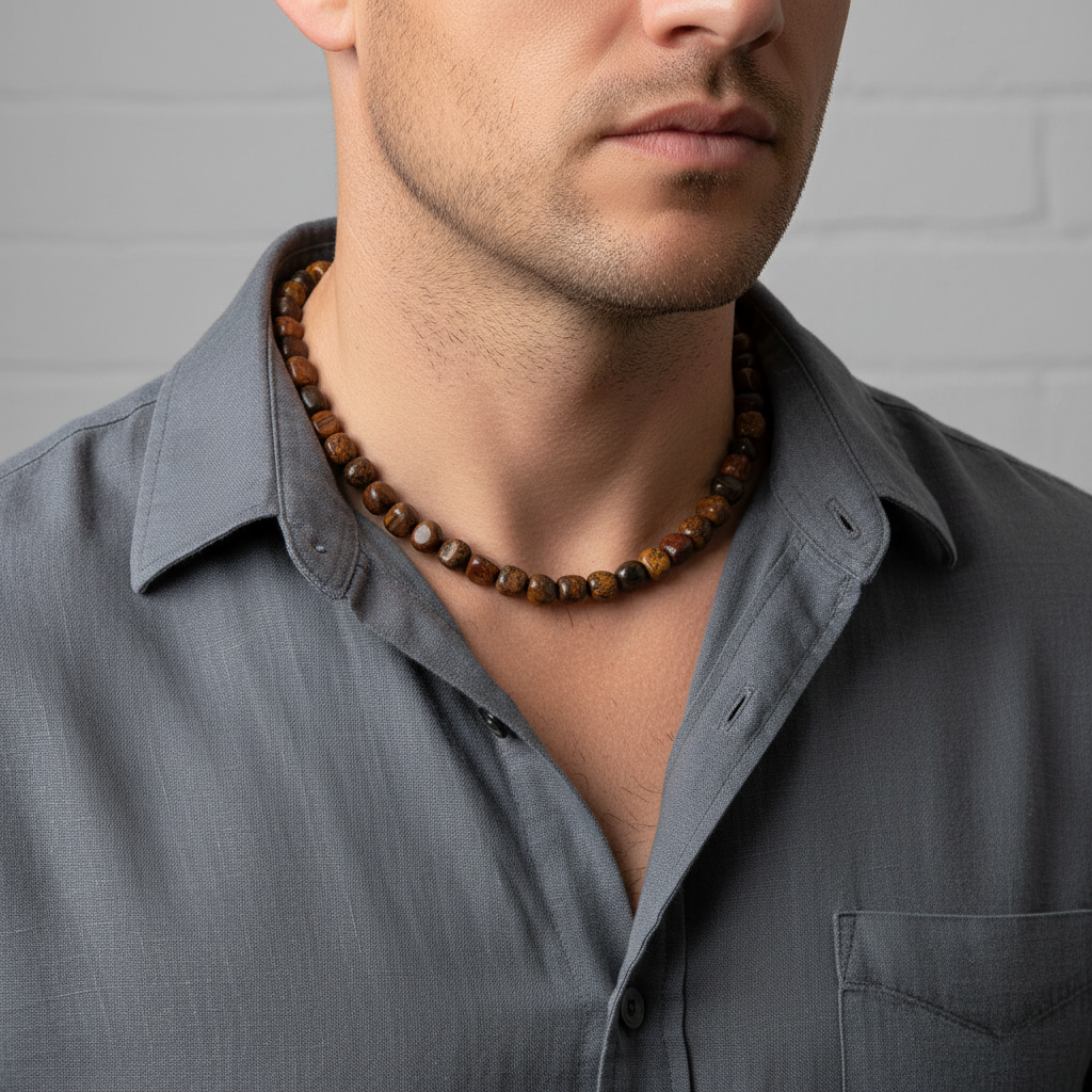 Men's Jasper Necklace On Man.