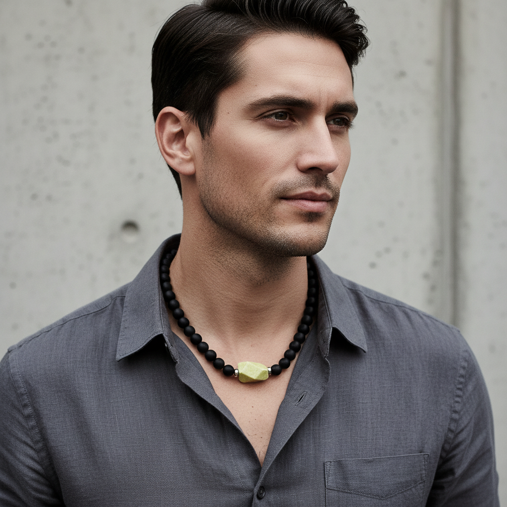 Men's Matte Black Onyx and Yellow Jasper Necklace On A Man.