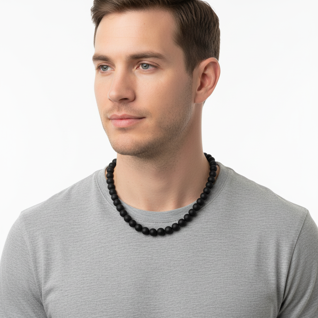 Mens Matte Black Onyx Necklace On A Man.