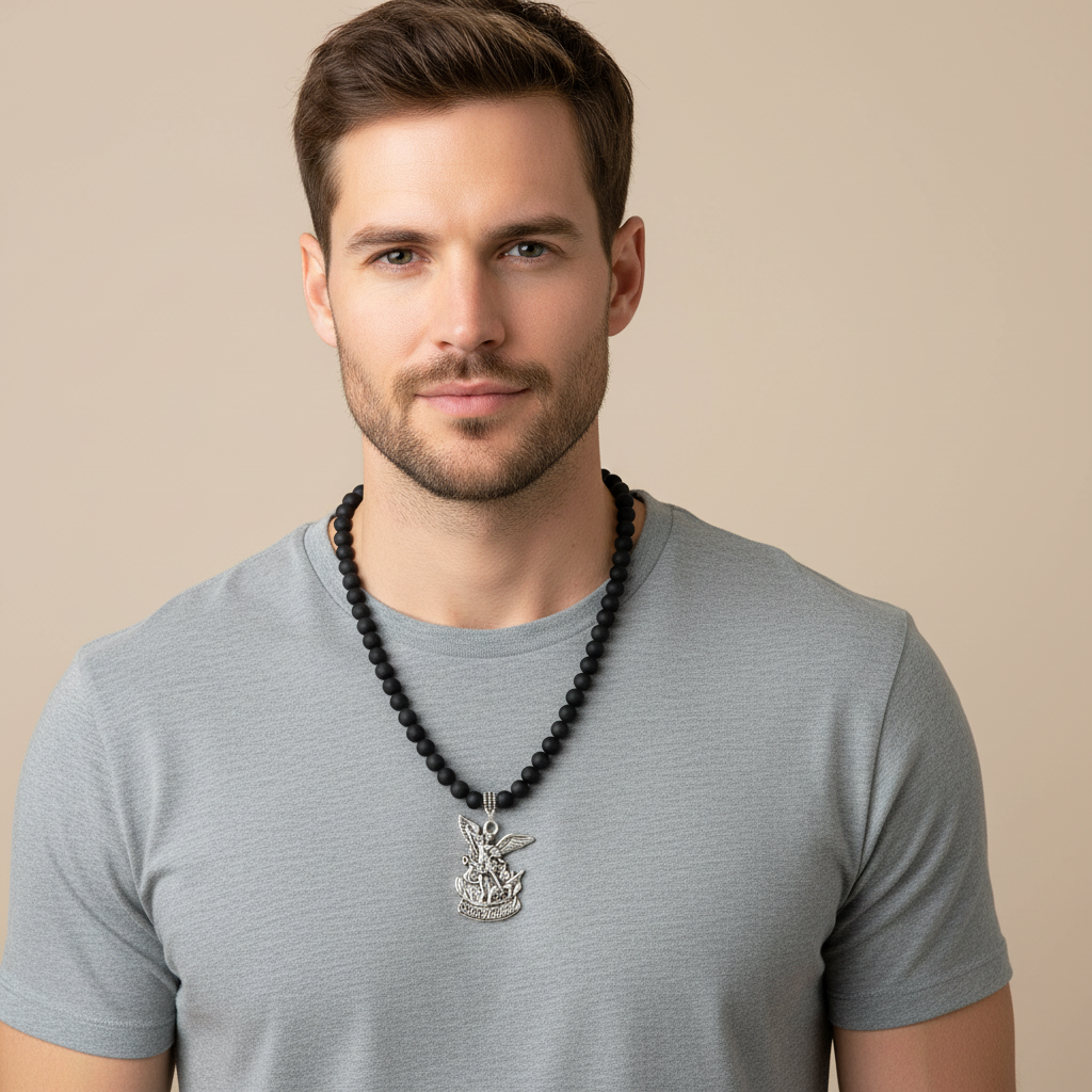Mens Matte Black Onyx Necklace On A Man.