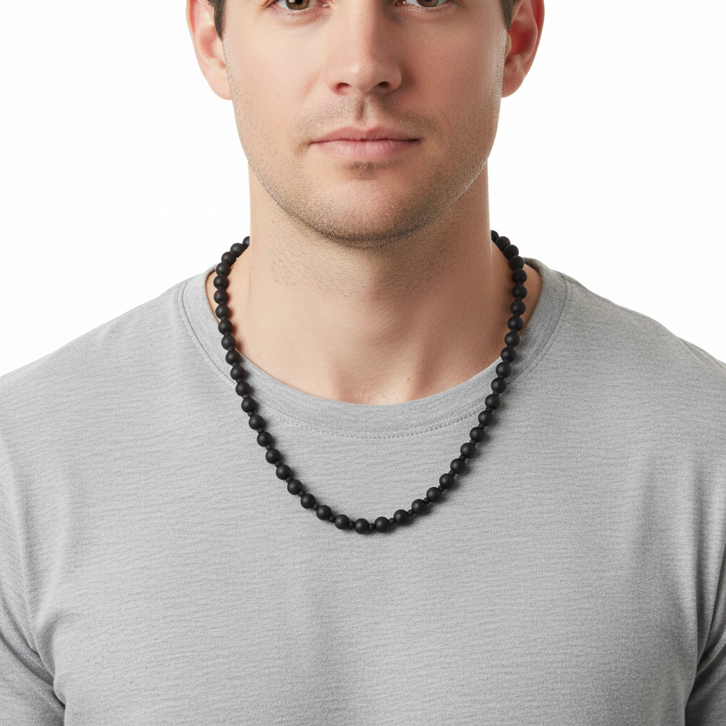 Mens Matte Black Onyx Necklace On a Man.