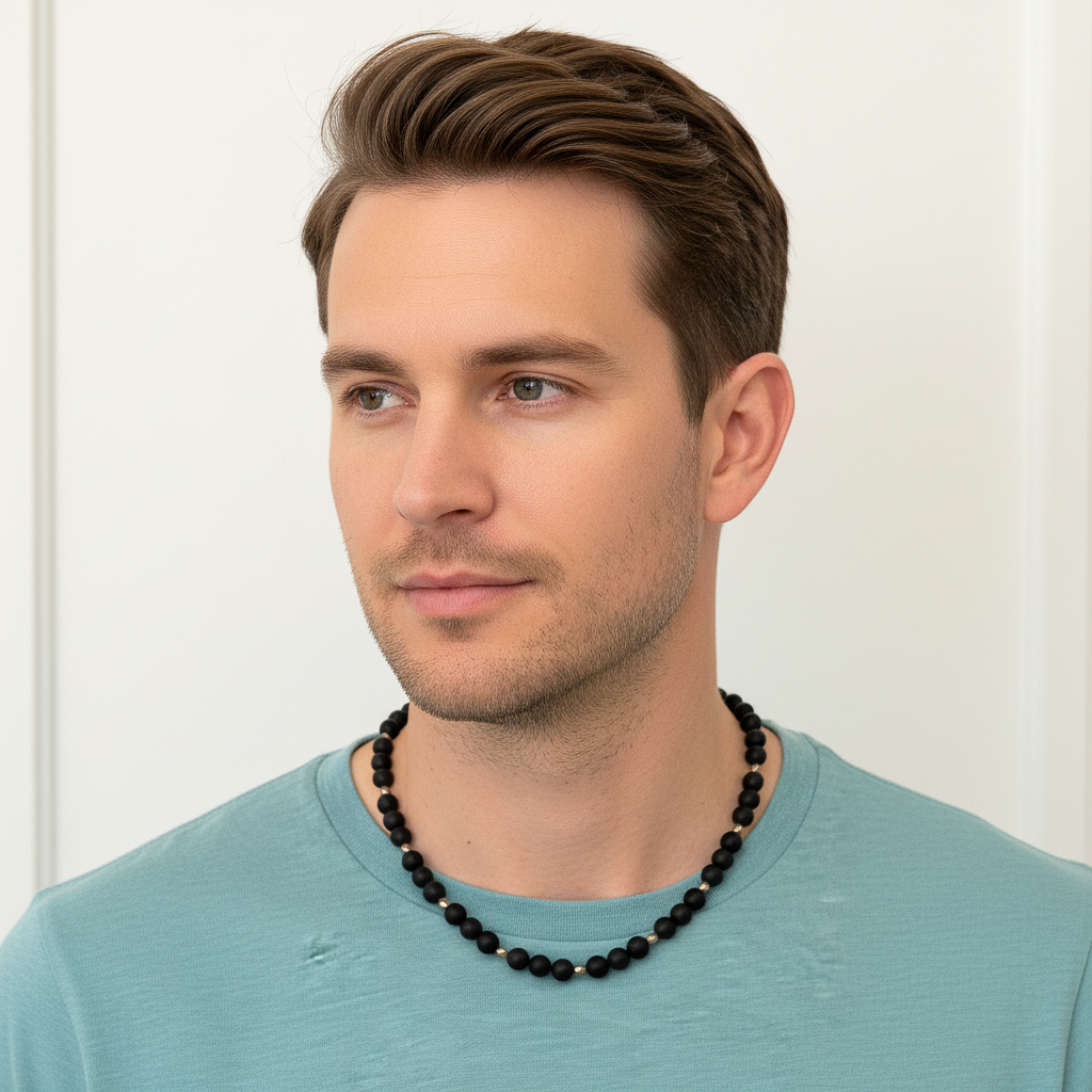 Mens Matte Black Onyx Necklace On A Male Model.