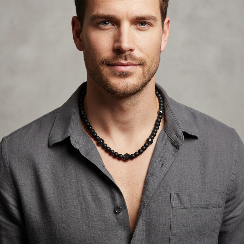 Mens Matte Black Onyx Round and Faceted Necklace On A Male Model.