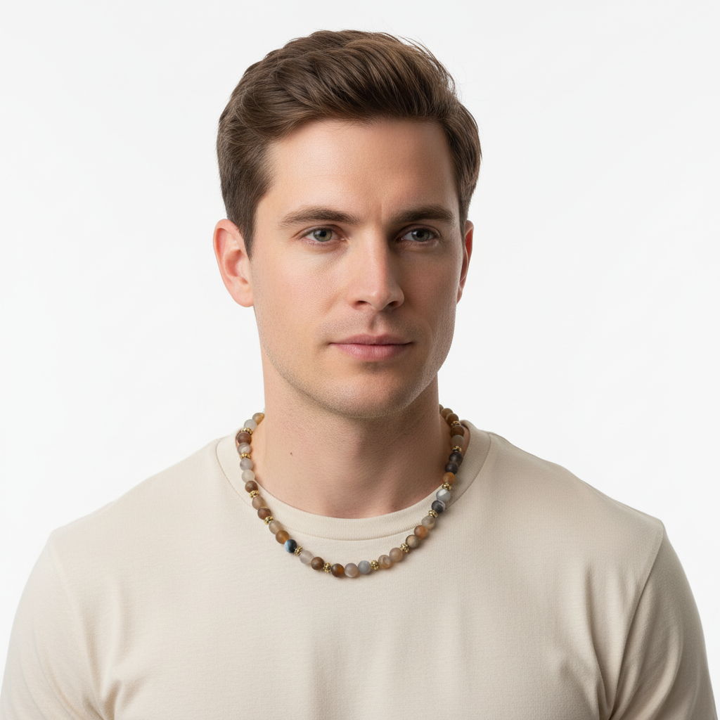 Mens Matte Blaze Agate and Gold Beaded Necklace On A Man.