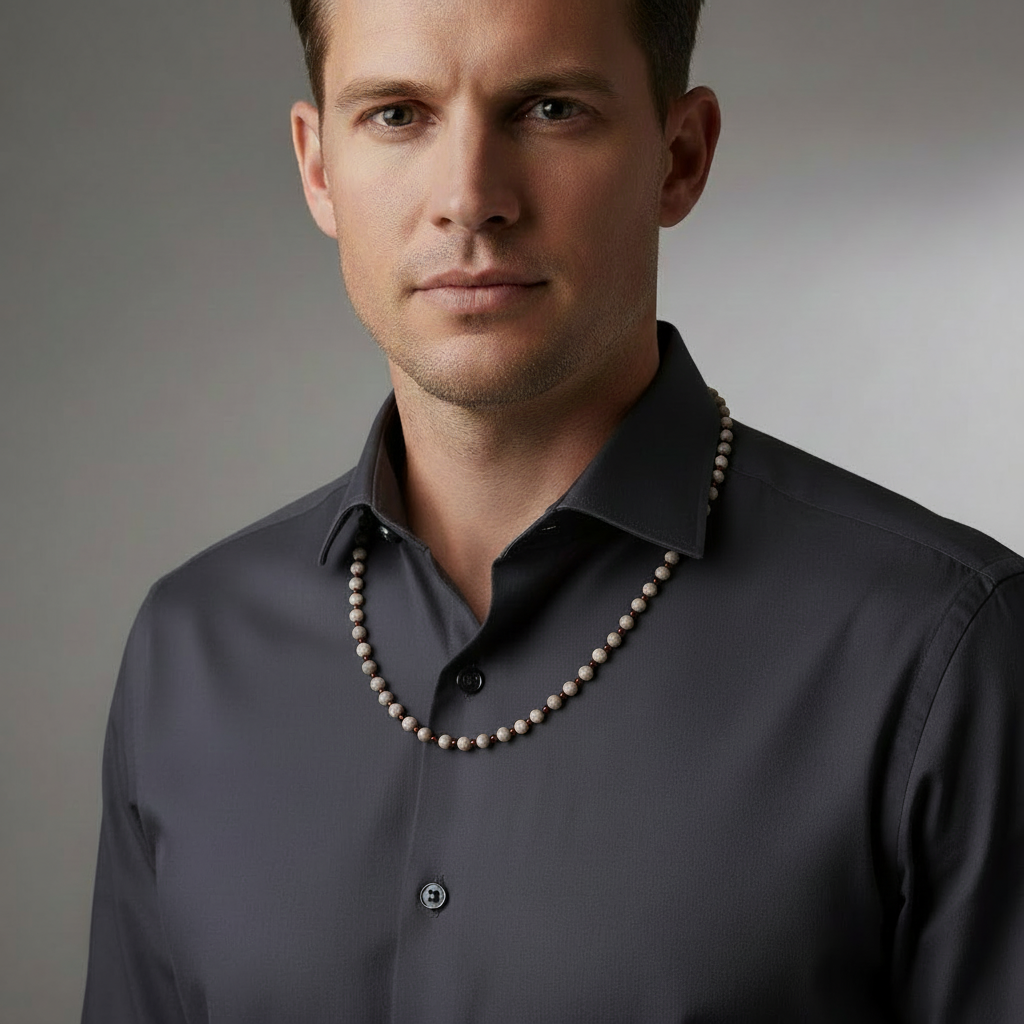 Mens Matte Maifan Beige Beaded Necklace.