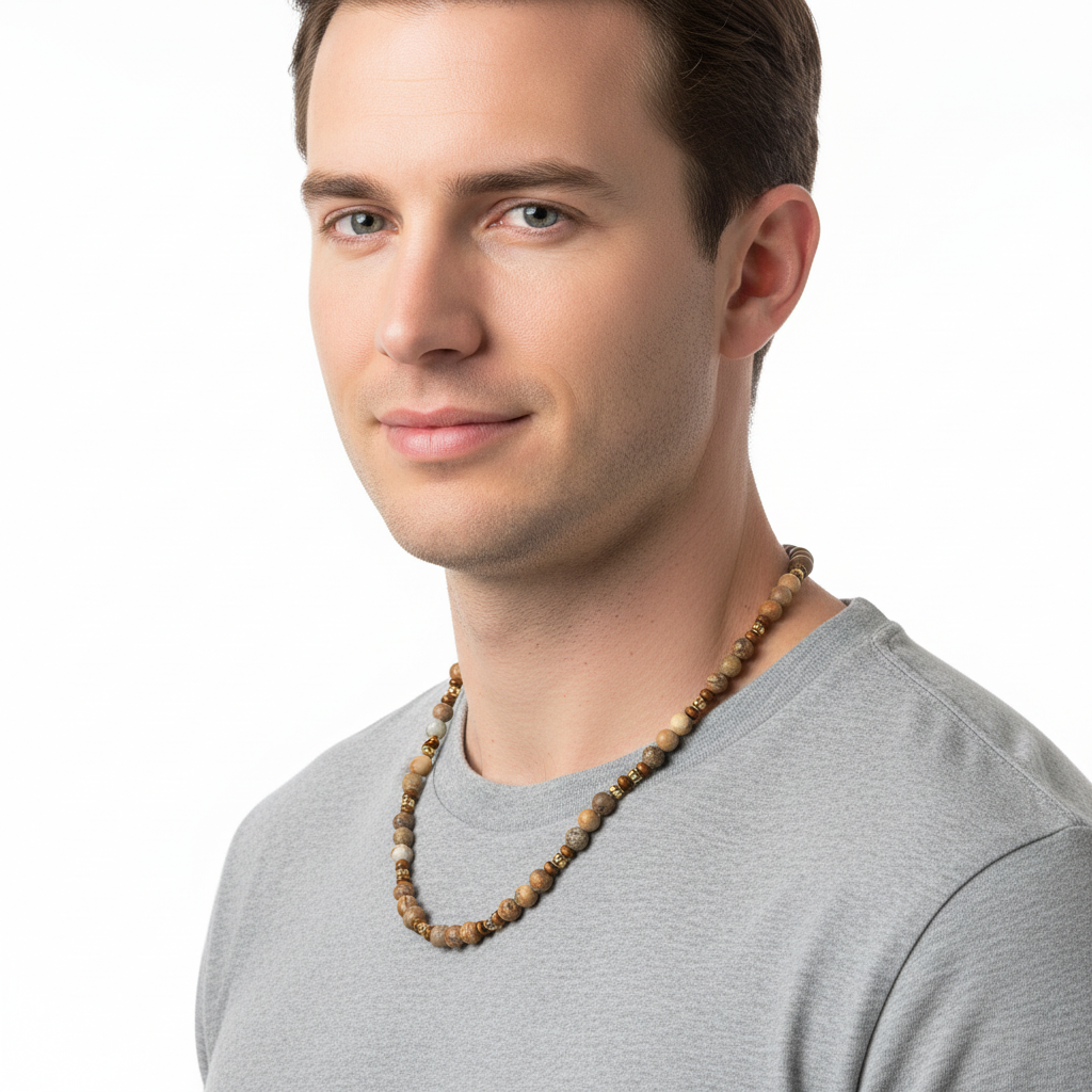 Mens Matte Picture Jasper Beaded Necklace On A Man.