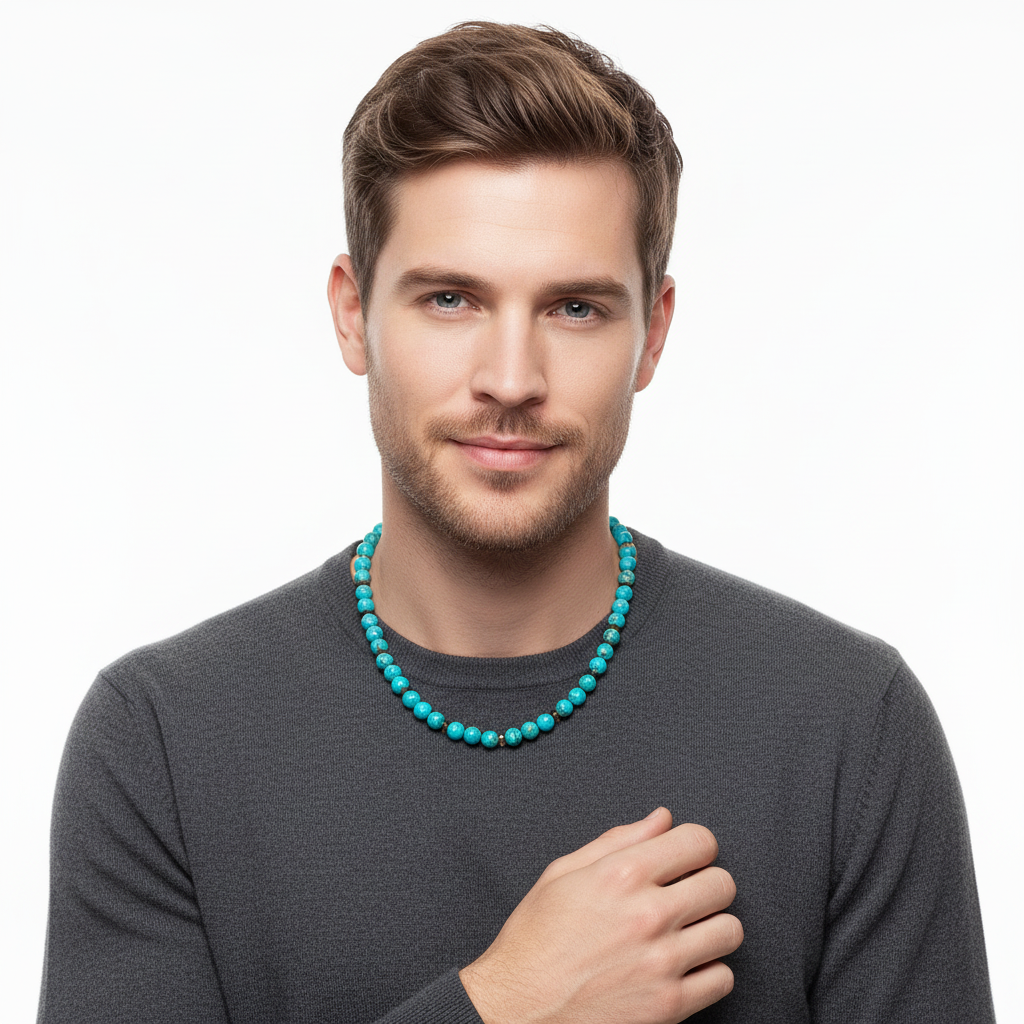 Mens Mosaic Turquoise and Smoky Topaz Beaded Necklace On A Man.