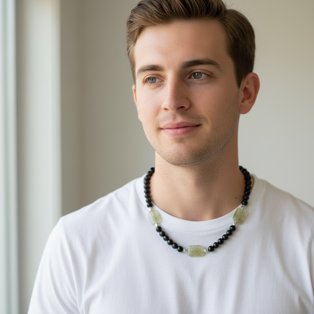 Black Onyx and Prehnite Necklace.