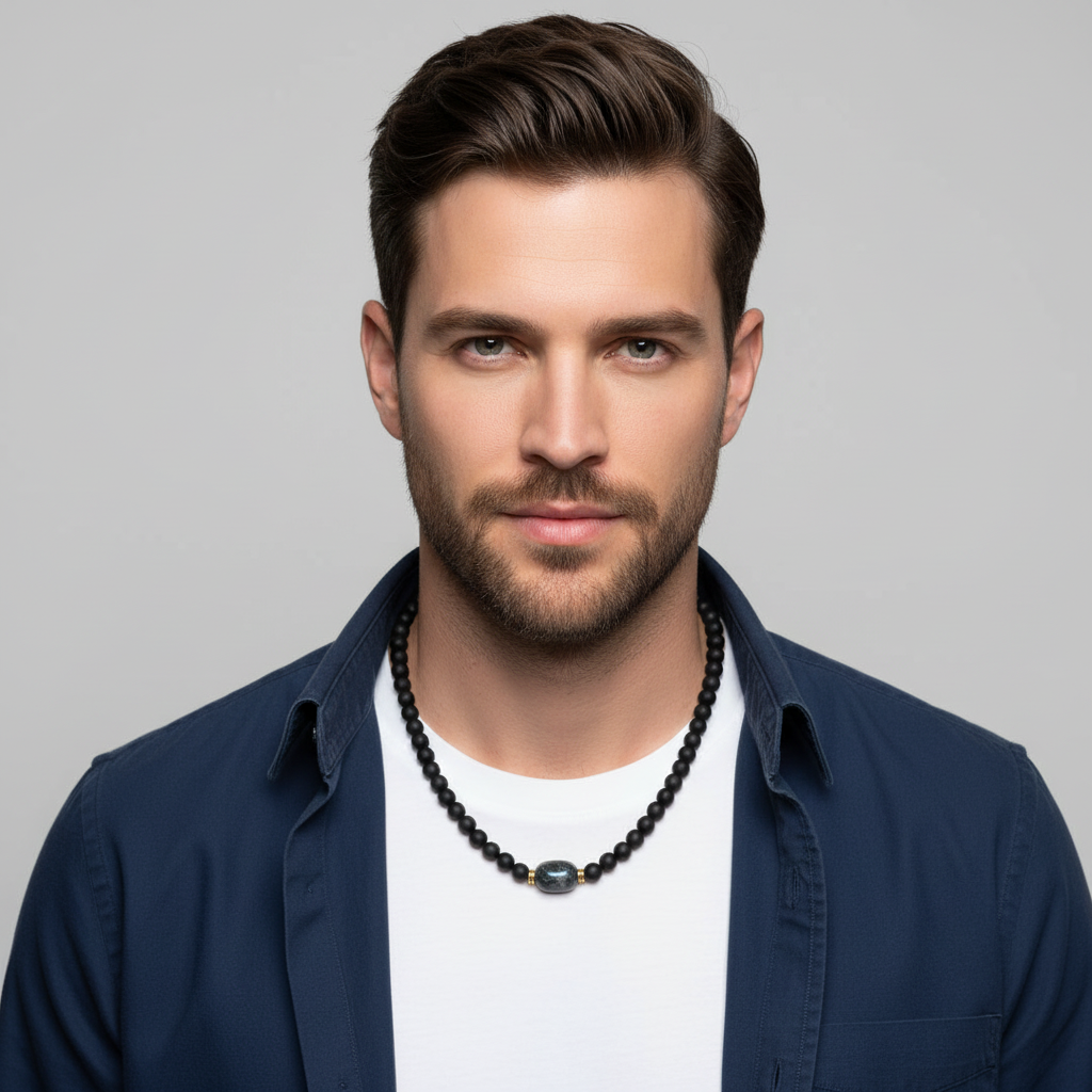 Mens Matte Black Onyx and Serpentine Nugget Beaded Necklace