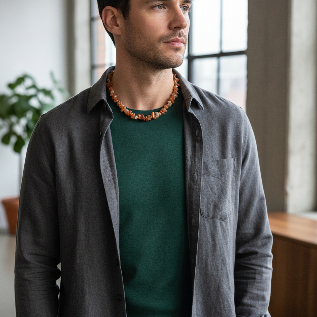 Mens Orange Agate Chip Beaded Necklace On A Man.