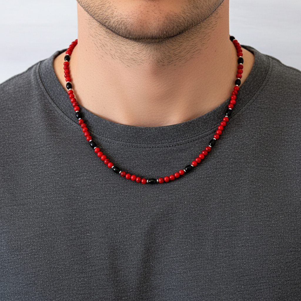 Mens Red Howlite and Black Onyx Barrel 4mm Beaded Necklace on male model with shirt