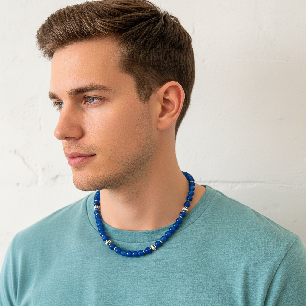 Mens Sapphire Blue Agate Necklace On A Man.