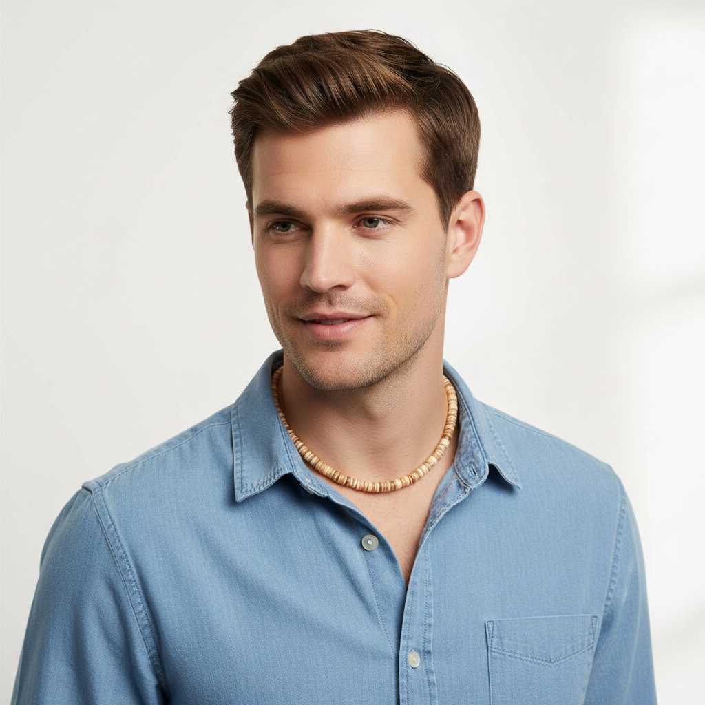 Mens Shell Disc Necklace On A Man.